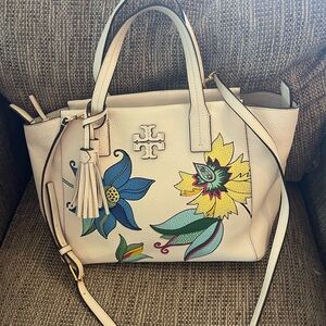 Tory Burch Cream Satchel with Floral Design